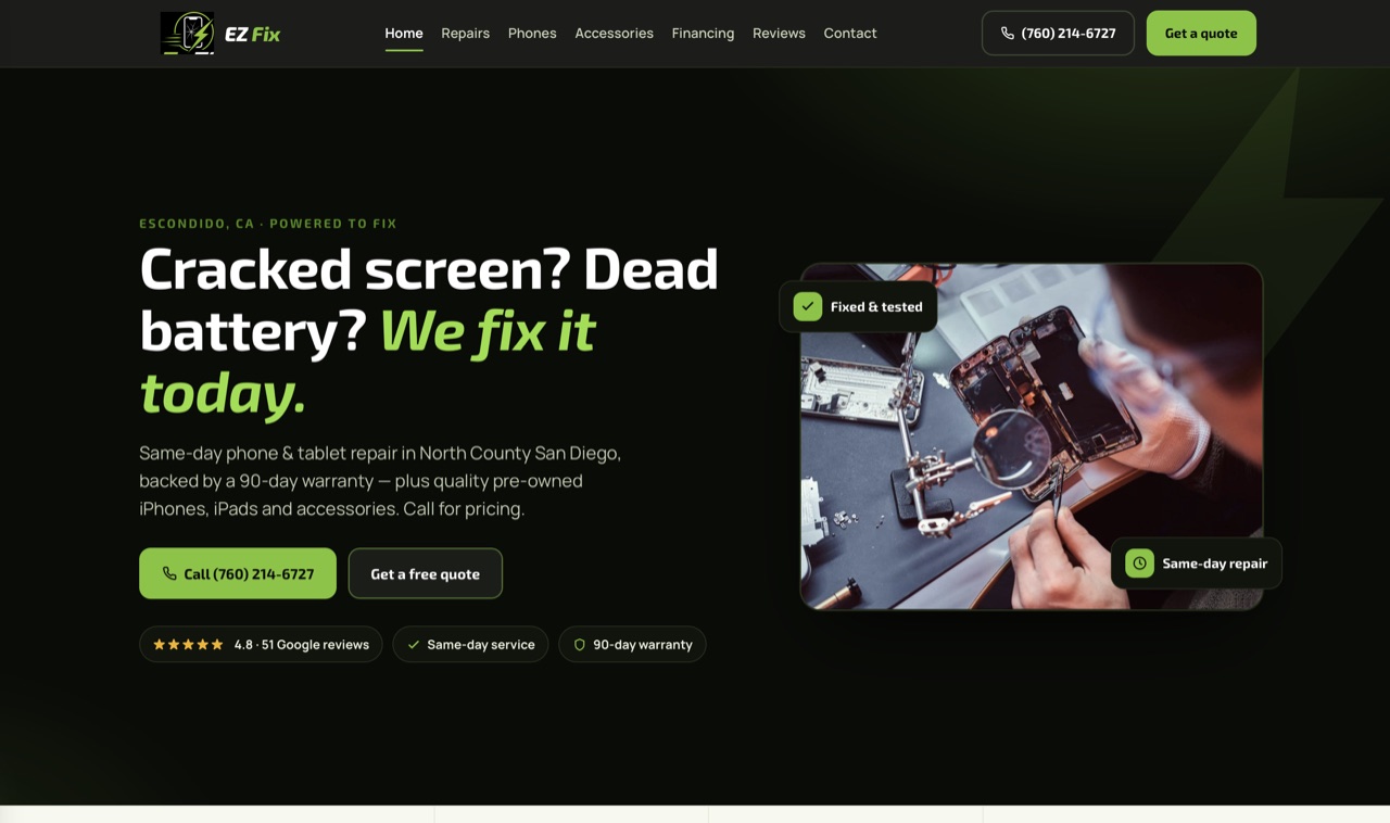 EZ Fix Cellphone Repair website homepage